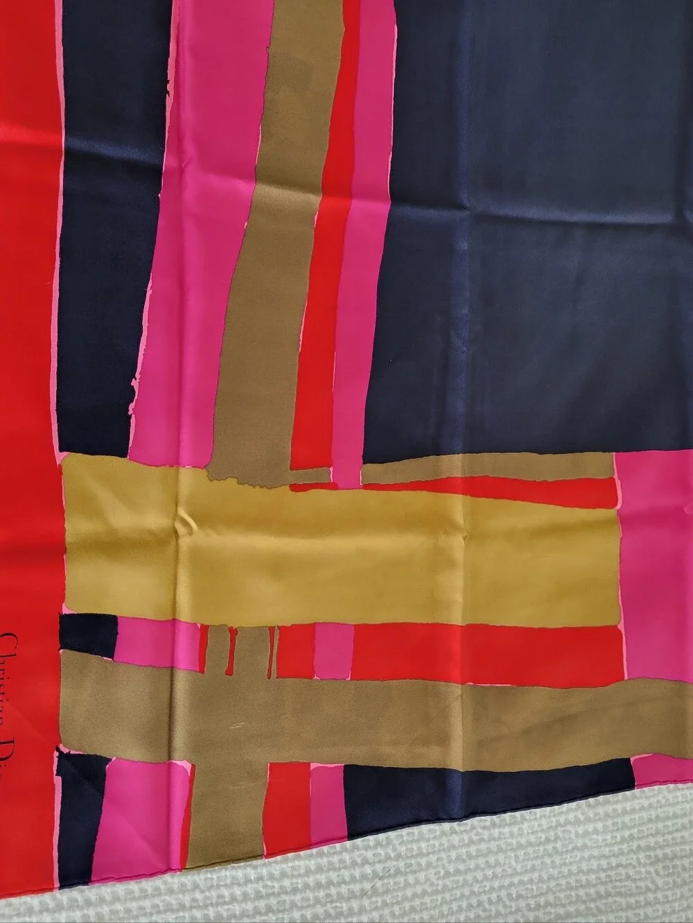 Vintage Dior Navy, Hot Pink, Red & Gold Geometric Silk Scarf 30